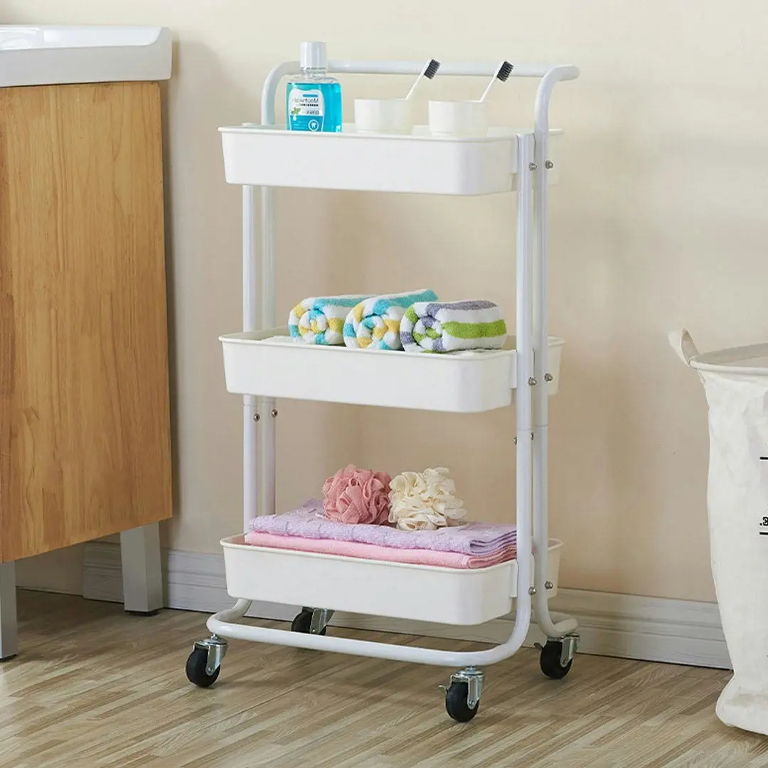 Soga 3 Tier Steel White Movable Kitchen Cart Multi-Functional Shelves Storage Organizer with Wheels