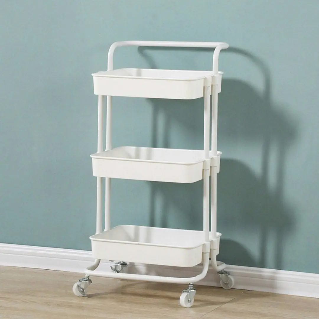 Soga 3 Tier Steel White Movable Kitchen Cart Multi-Functional Shelves Storage Organizer with Wheels