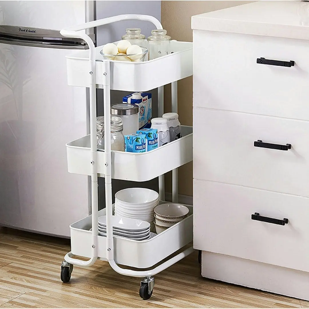 Soga 3 Tier Steel White Movable Kitchen Cart Multi-Functional Shelves Storage Organizer with Wheels