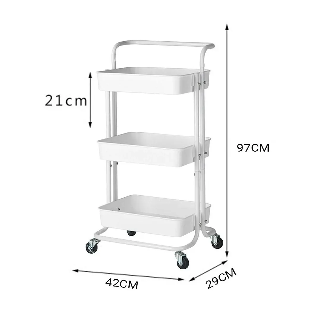 Soga 3 Tier Steel White Movable Kitchen Cart Multi-Functional Shelves Storage Organizer with Wheels