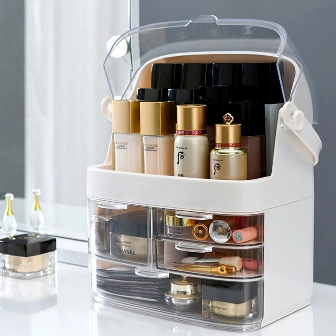 Soga 3 Tier White Countertop Makeup Cosmetic Storage Organiser Skincare Holder Jewelry Storage Box with Handle