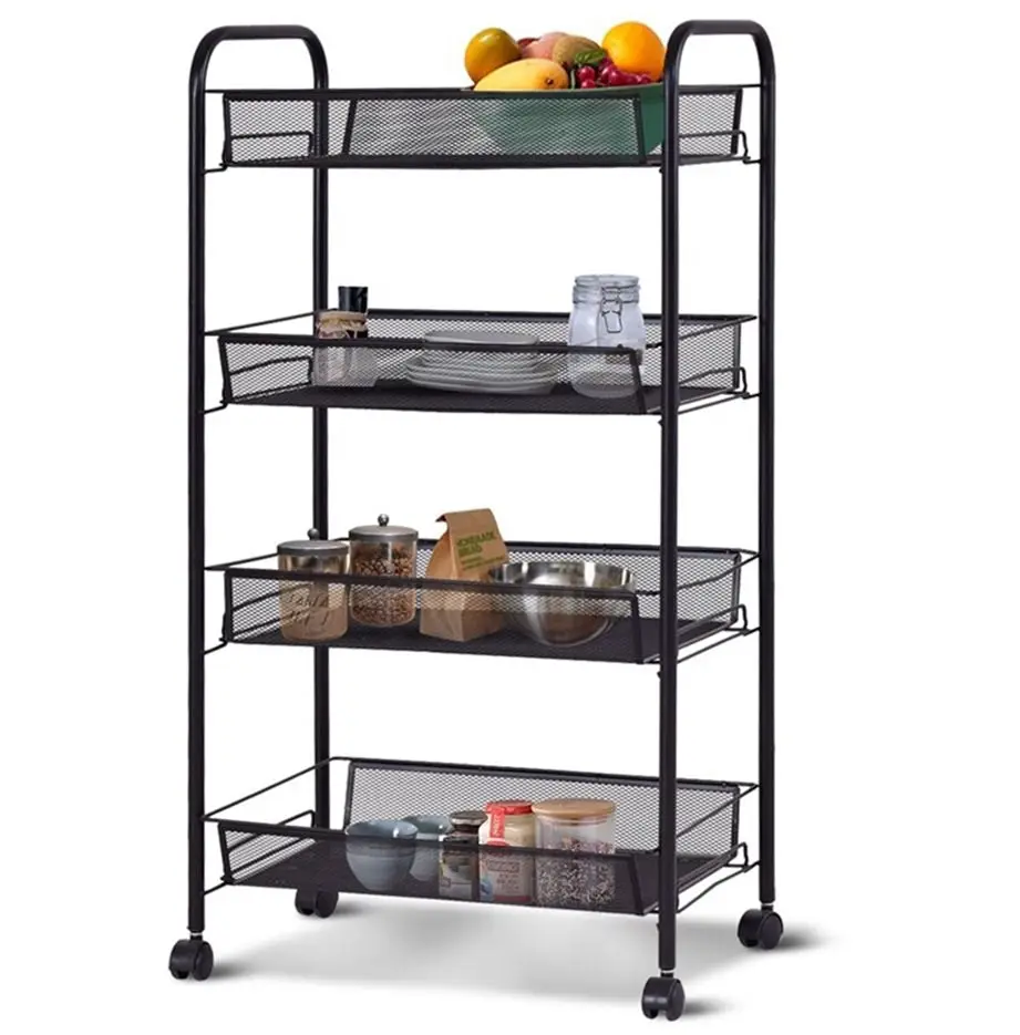 Soga 4 Tier Steel Black Bee Mesh Kitchen Cart Multi-Functional Shelves Storage Organizer with Wheels