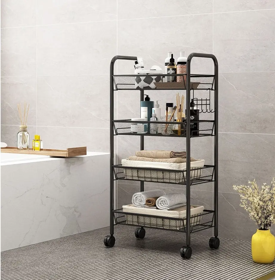 Soga 4 Tier Steel Black Bee Mesh Kitchen Cart Multi-Functional Shelves Storage Organizer with Wheels