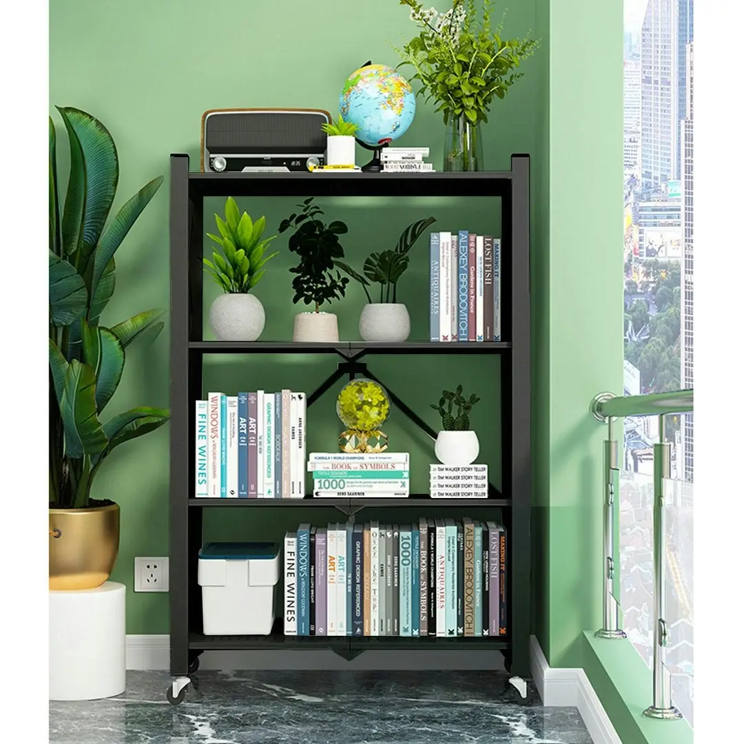 Soga 4 Tier Steel Black Foldable Display Stand Multi-Functional Shelves Storage Organizer with Wheels