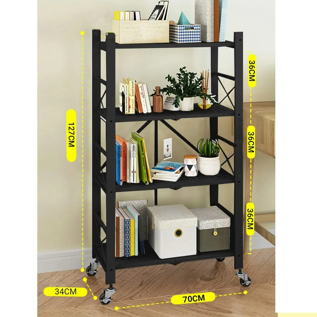 Soga 4 Tier Steel Black Foldable Display Stand Multi-Functional Shelves Storage Organizer with Wheels