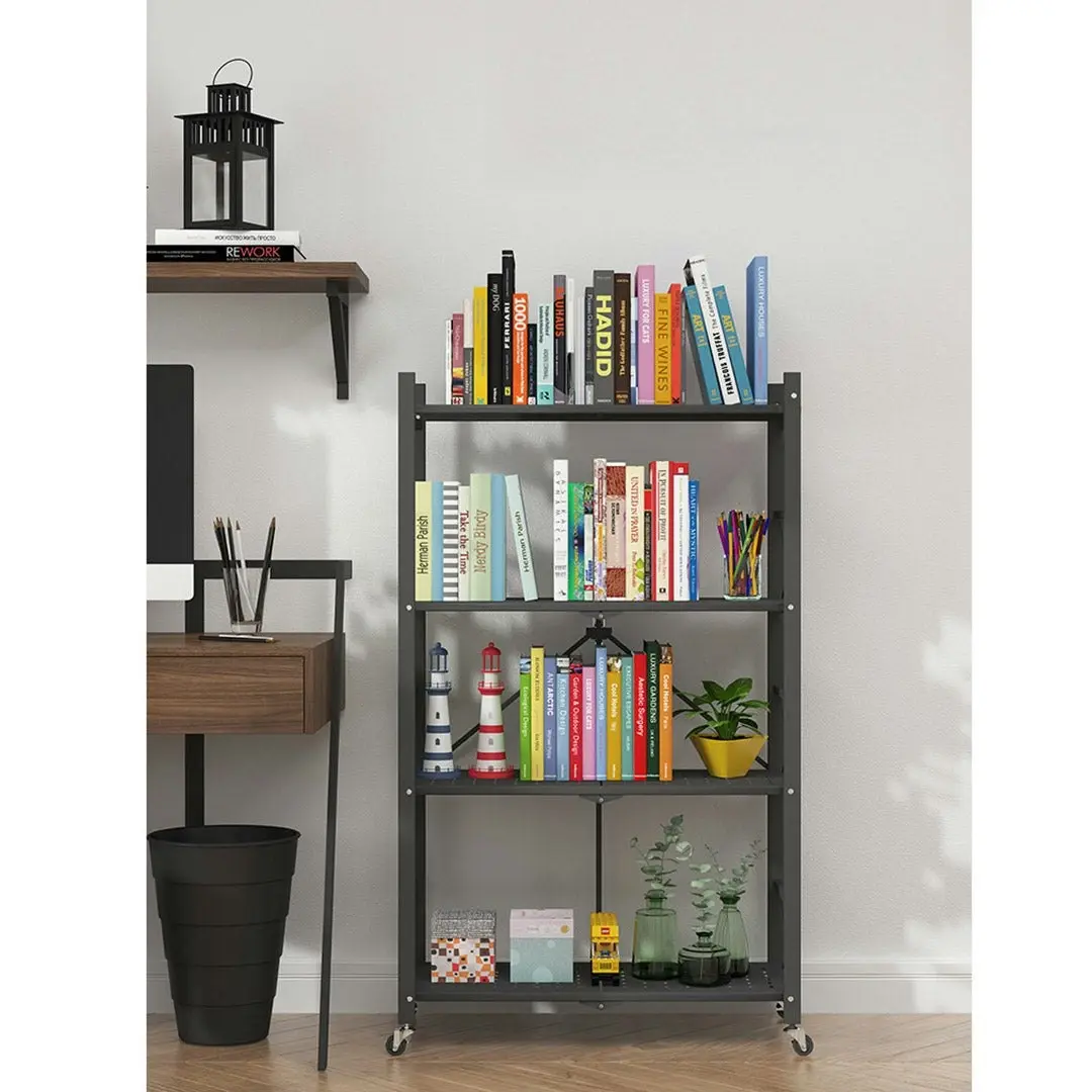 Soga 4 Tier Steel Black Foldable Display Stand Multi-Functional Shelves Storage Organizer with Wheels