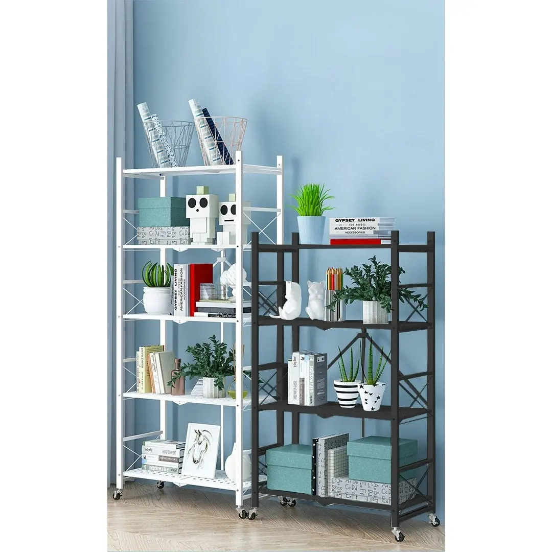 Soga 4 Tier Steel Black Foldable Display Stand Multi-Functional Shelves Storage Organizer with Wheels