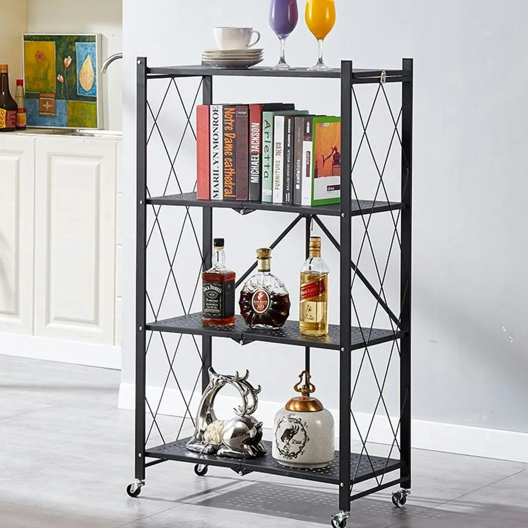 Soga 4 Tier Steel Black Foldable Kitchen Cart Multi-Functional Shelves Storage Organizer with Wheels