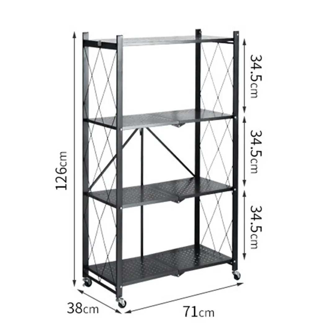 Soga 4 Tier Steel Black Foldable Kitchen Cart Multi-Functional Shelves Storage Organizer with Wheels