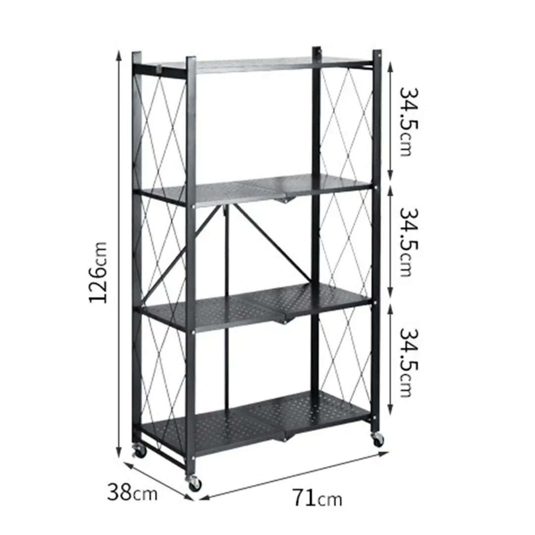 Soga 4 Tier Steel Black Foldable Kitchen Cart Multi-Functional Shelves Storage Organizer with Wheels