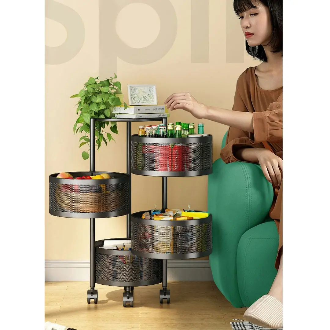 Soga 4 Tier Steel Round Rotating Kitchen Cart Multi-Functional Shelves Storage Organizer with Wheels