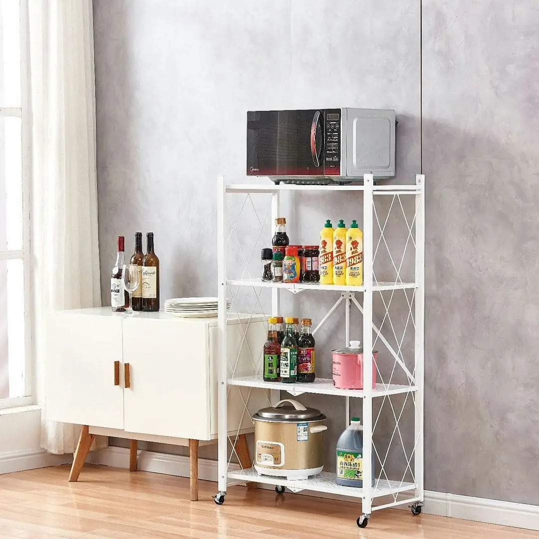 Soga 4 Tier Steel White Foldable Kitchen Cart Multi-Functional Shelves Storage Organizer with Wheels