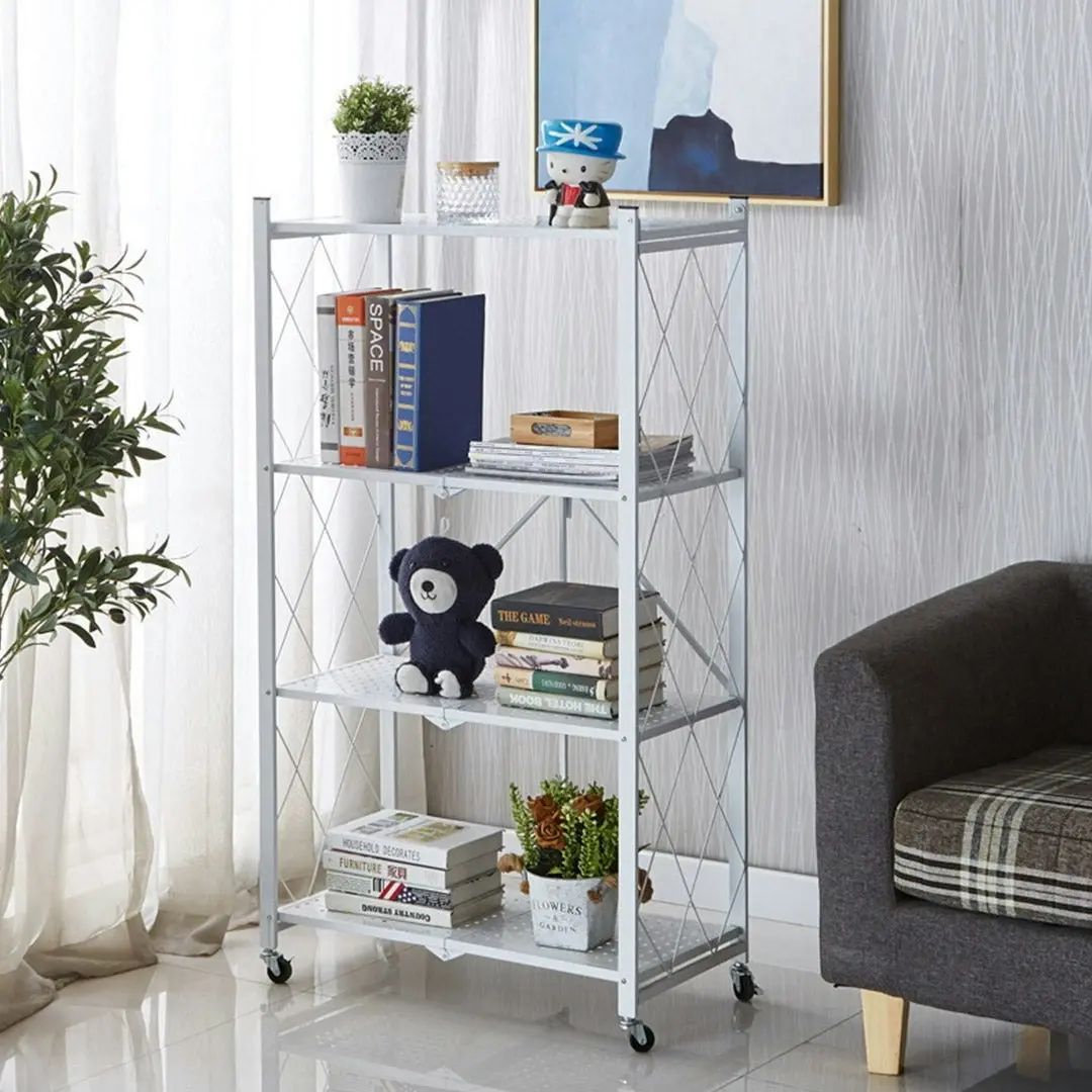 Soga 4 Tier Steel White Foldable Kitchen Cart Multi-Functional Shelves Storage Organizer with Wheels