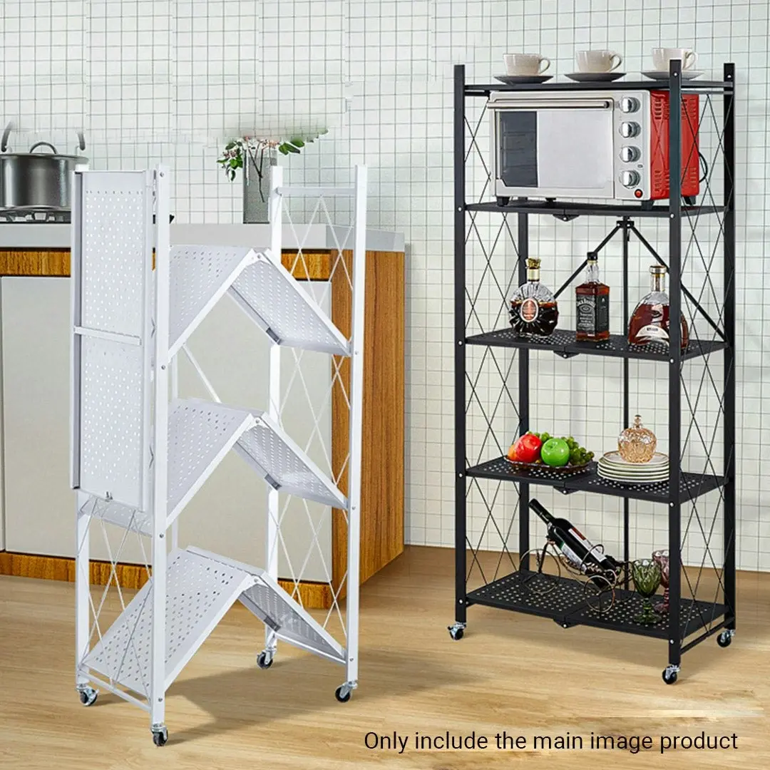 Soga 4 Tier Steel White Foldable Kitchen Cart Multi-Functional Shelves Storage Organizer with Wheels