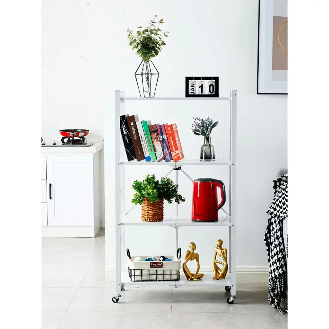 Soga 4 Tier Steel White Foldable Kitchen Cart Multi-Functional Shelves Storage Organizer with Wheels