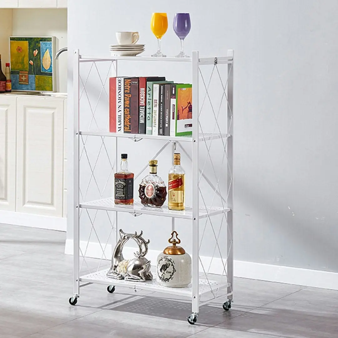 Soga 4 Tier Steel White Foldable Kitchen Cart Multi-Functional Shelves Storage Organizer with Wheels