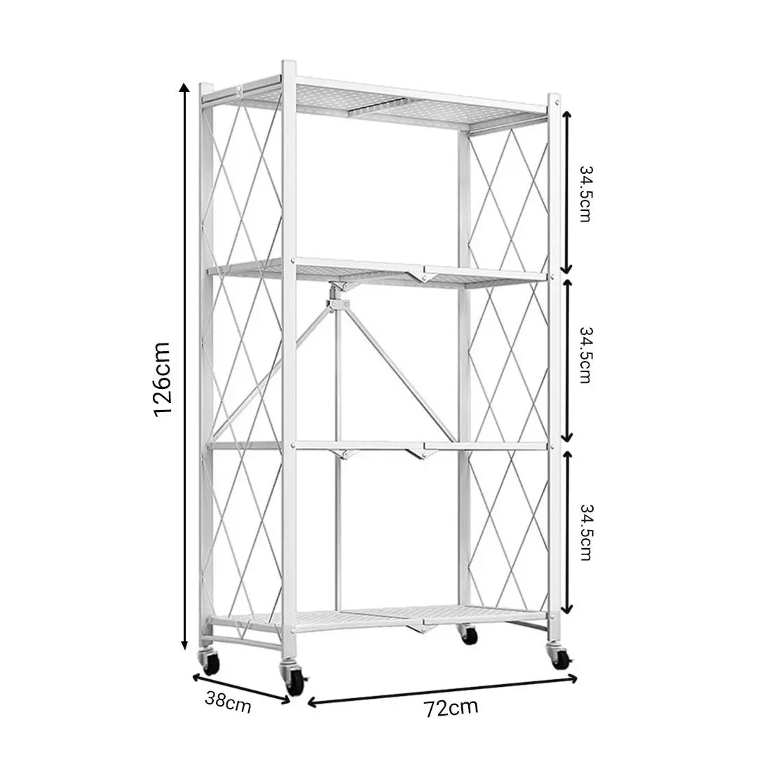 Soga 4 Tier Steel White Foldable Kitchen Cart Multi-Functional Shelves Storage Organizer with Wheels