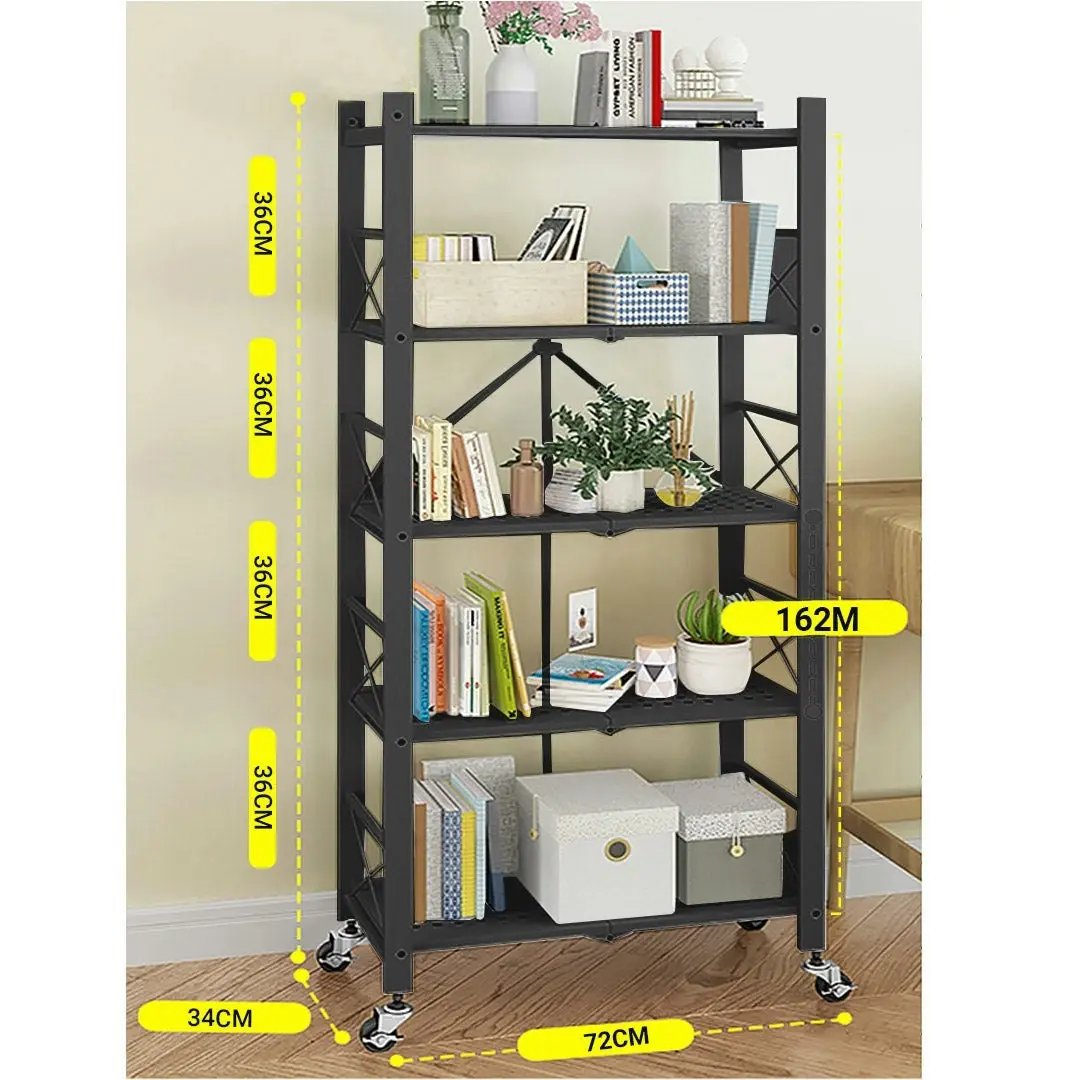 Soga 5 Tier Steel Black Foldable Display Stand Multi-Functional Shelves Portable Storage Organizer with Wheels