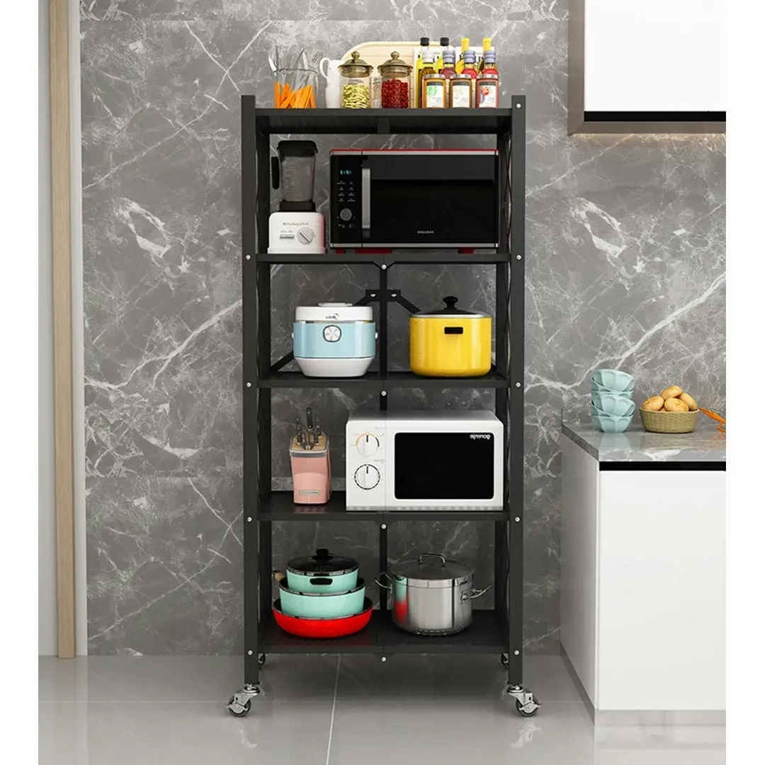 Soga 5 Tier Steel Black Foldable Kitchen Cart Multi-Functional Shelves Storage Organizer with Wheels