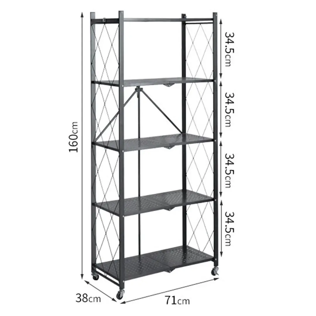 Soga 5 Tier Steel Black Foldable Kitchen Cart Multi-Functional Shelves Storage Organizer with Wheels