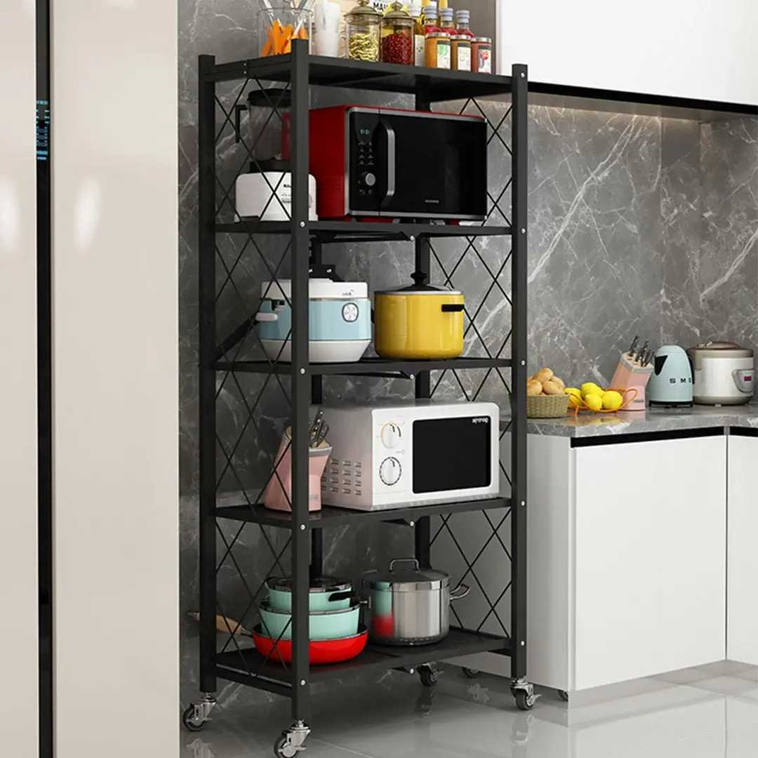 Soga 5 Tier Steel Black Foldable Kitchen Cart Multi-Functional Shelves Storage Organizer with Wheels