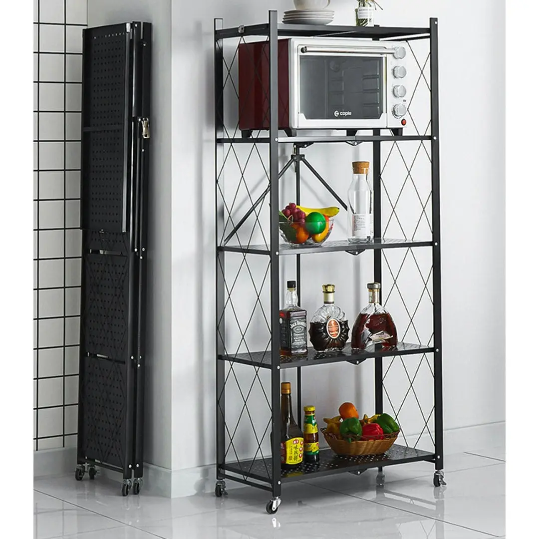 Soga 5 Tier Steel Black Foldable Kitchen Cart Multi-Functional Shelves Storage Organizer with Wheels