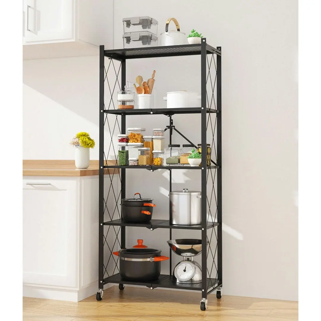 Soga 5 Tier Steel Black Foldable Kitchen Cart Multi-Functional Shelves Storage Organizer with Wheels