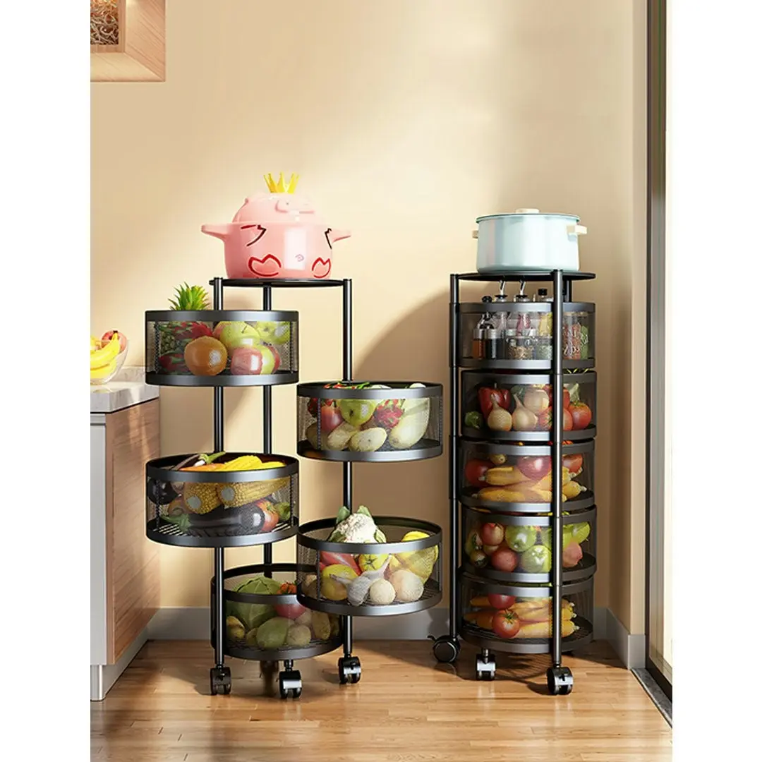 Soga 5 Tier Steel Round Rotating Kitchen Cart Multi-Functional Shelves Storage Organizer with Wheels