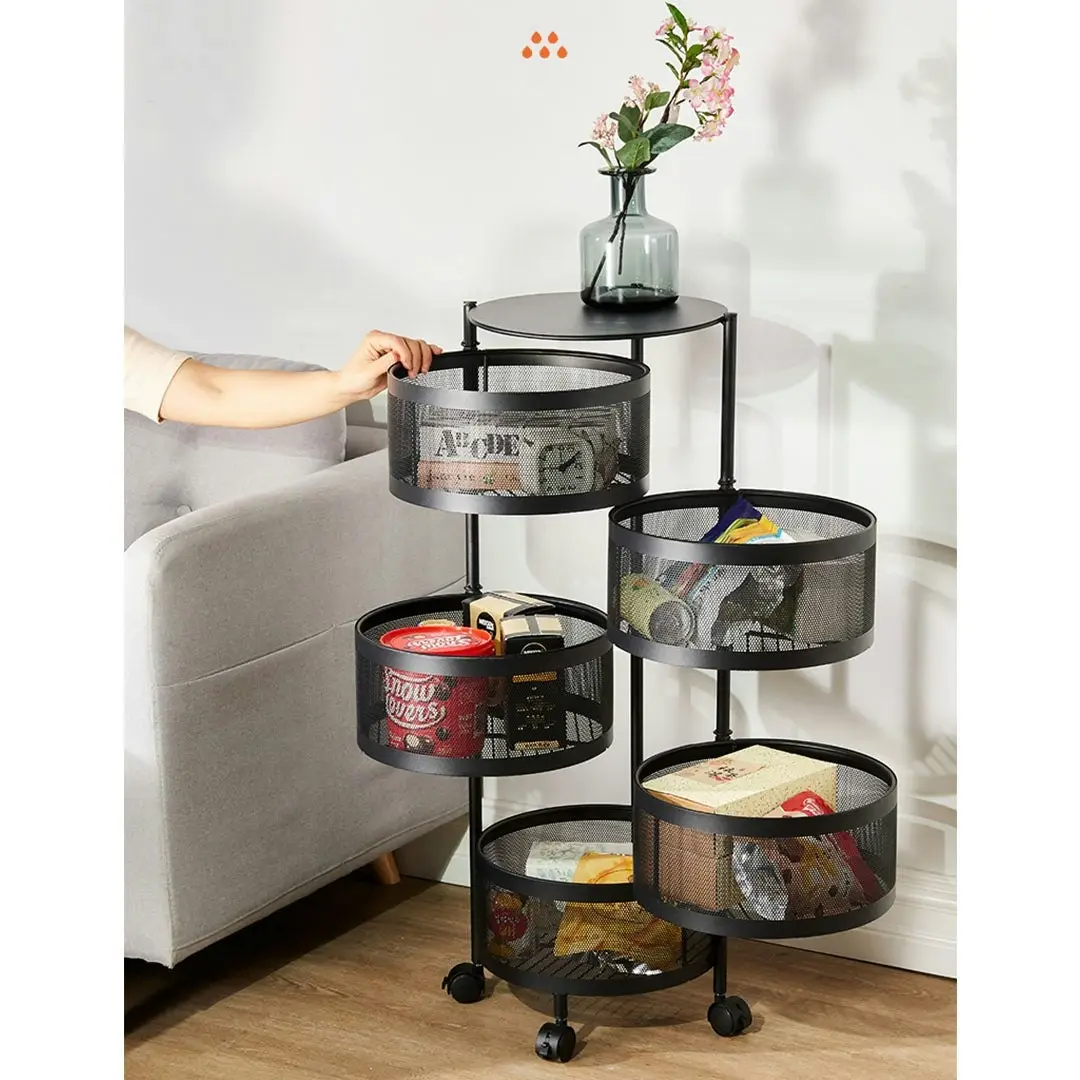 Soga 5 Tier Steel Round Rotating Kitchen Cart Multi-Functional Shelves Storage Organizer with Wheels