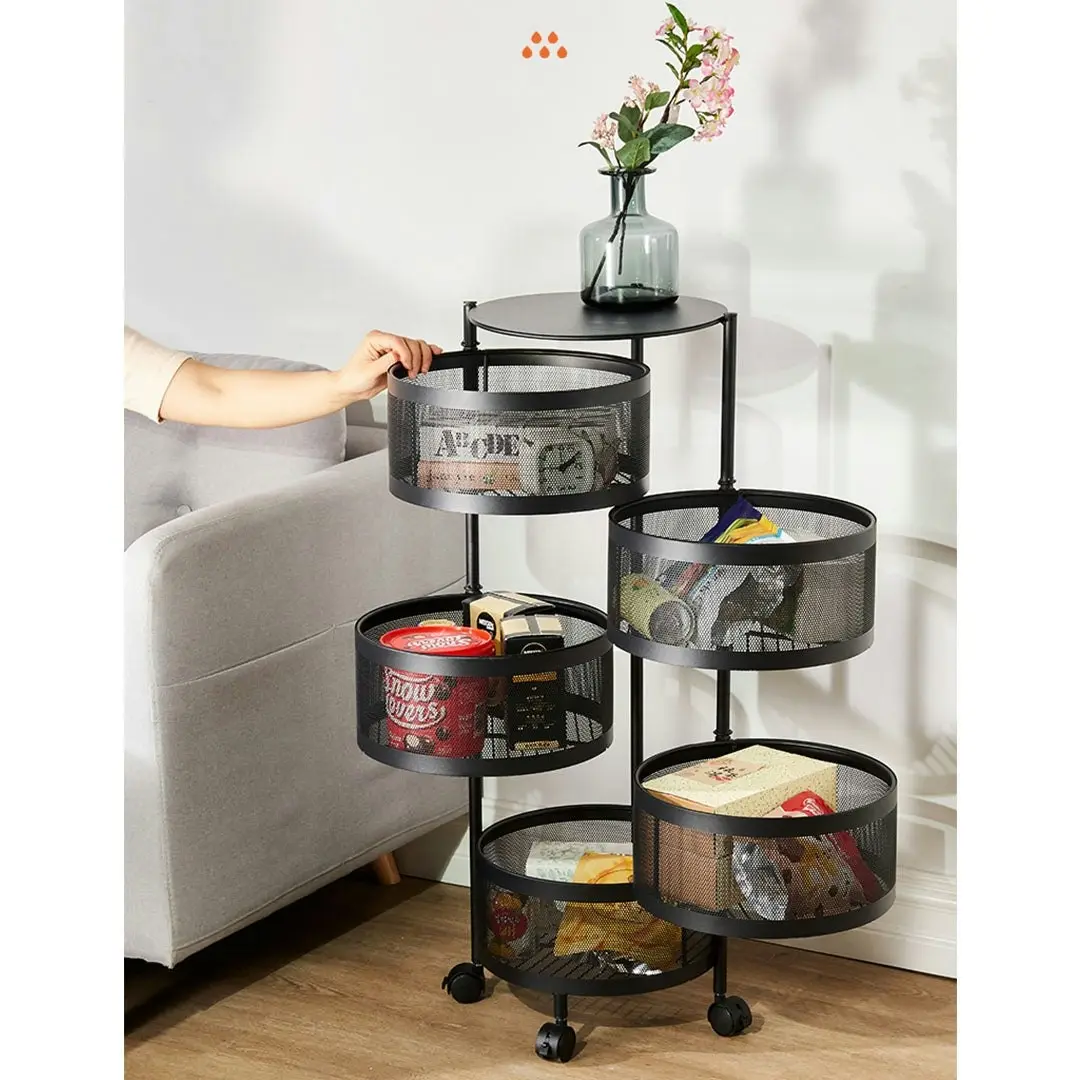 Soga 5 Tier Steel Round Rotating Kitchen Cart Multi-Functional Shelves Storage Organizer with Wheels