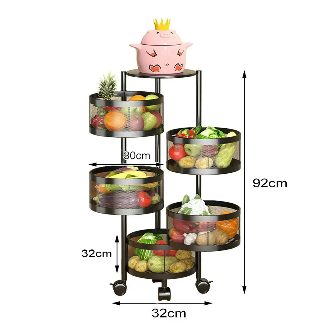 Soga 5 Tier Steel Round Rotating Kitchen Cart Multi-Functional Shelves Storage Organizer with Wheels