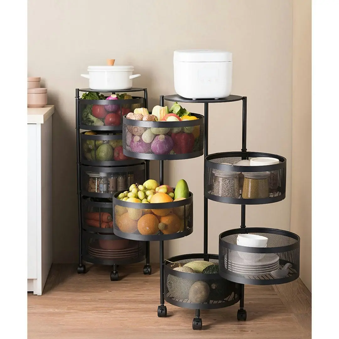 Soga 5 Tier Steel Round Rotating Kitchen Cart Multi-Functional Shelves Storage Organizer with Wheels