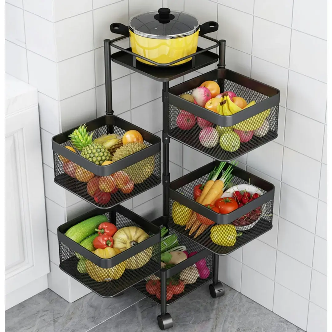 Soga 5 Tier Steel Square Rotating Kitchen Cart Multi-Functional Shelves Storage Organizer with Wheels