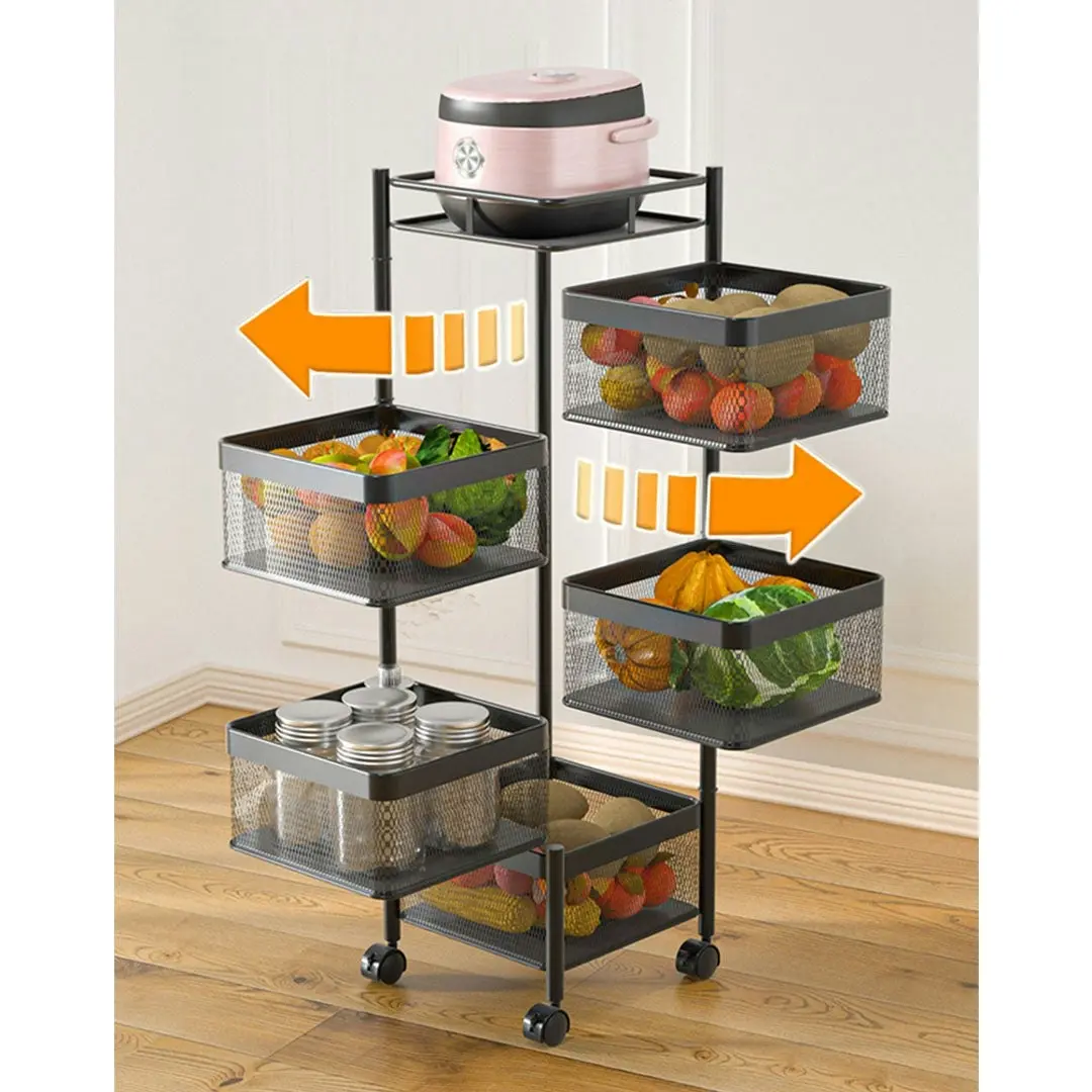 Soga 5 Tier Steel Square Rotating Kitchen Cart Multi-Functional Shelves Storage Organizer with Wheels