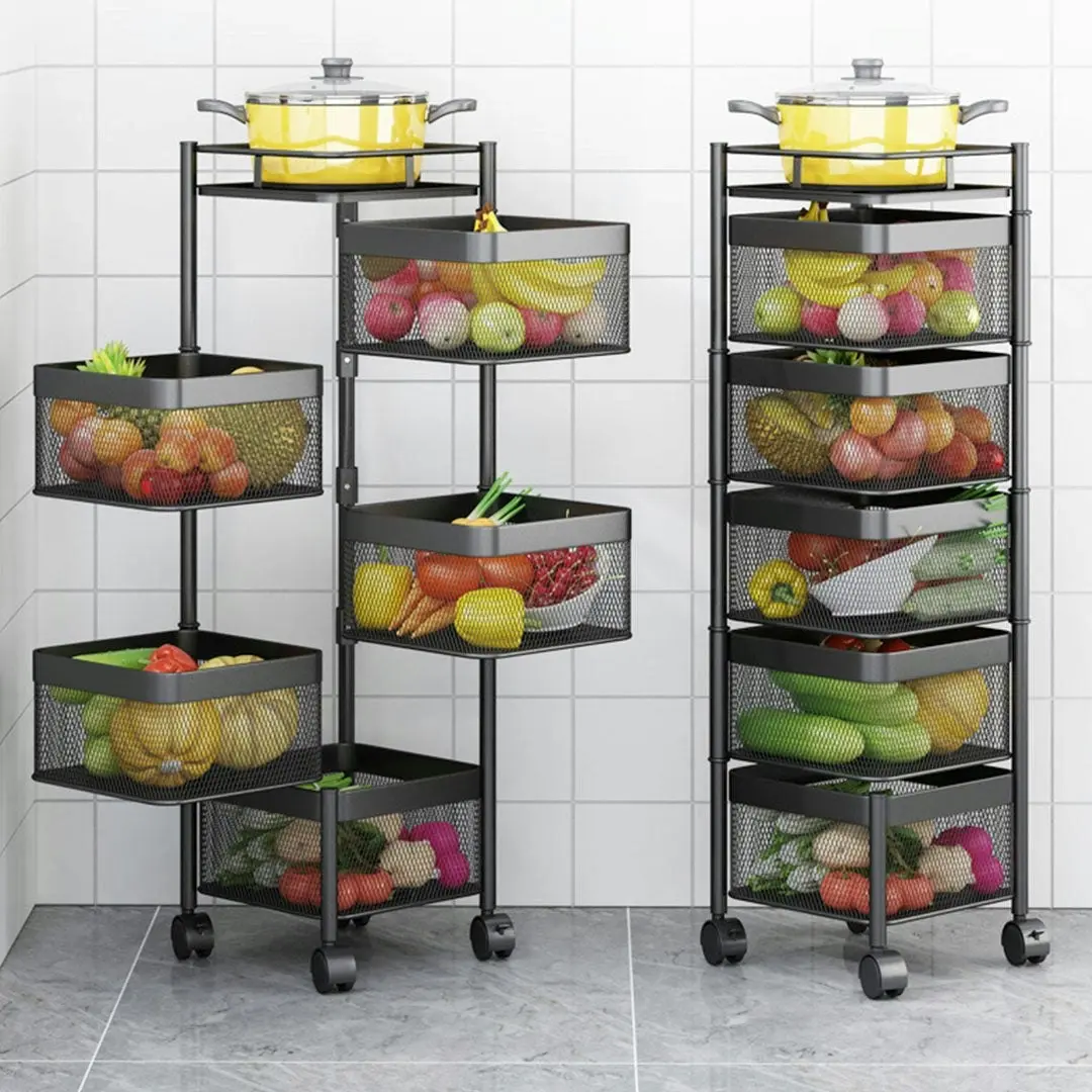 Soga 5 Tier Steel Square Rotating Kitchen Cart Multi-Functional Shelves Storage Organizer with Wheels