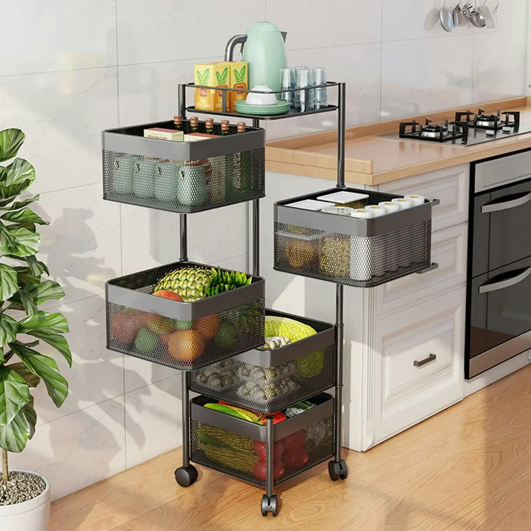 Soga 5 Tier Steel Square Rotating Kitchen Cart Multi-Functional Shelves Storage Organizer with Wheels