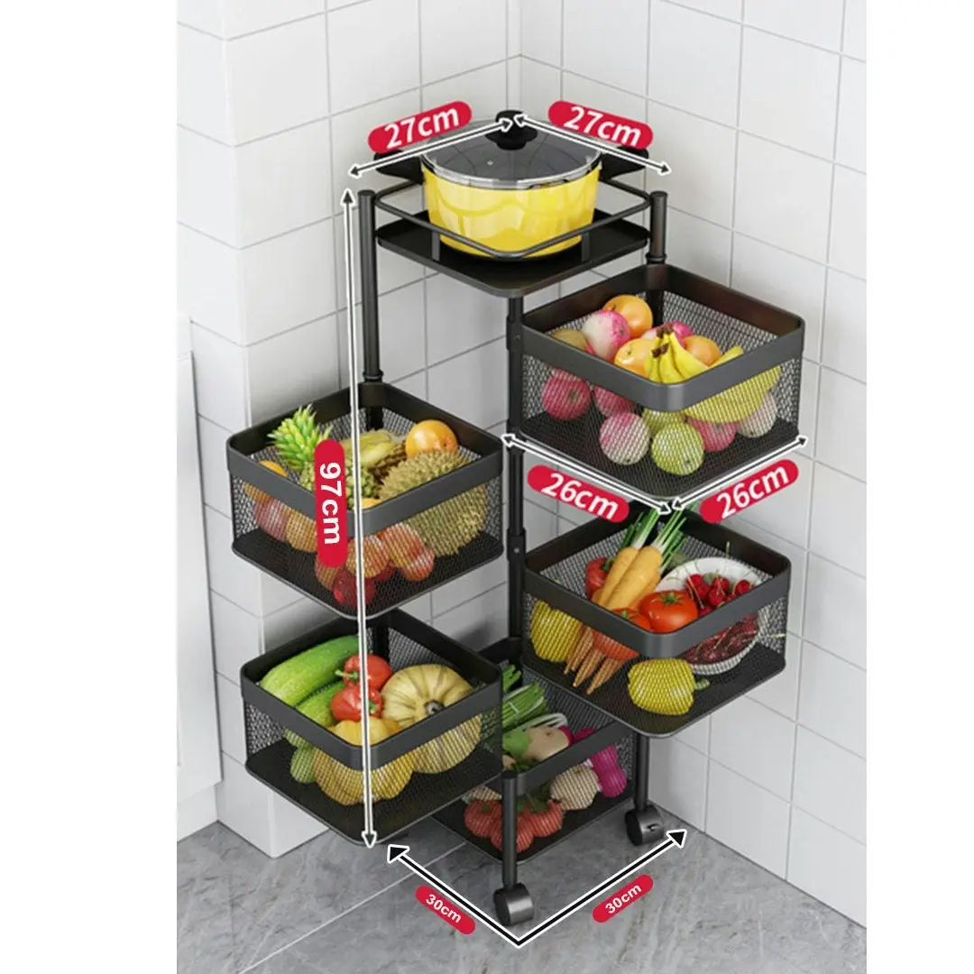 Soga 5 Tier Steel Square Rotating Kitchen Cart Multi-Functional Shelves Storage Organizer with Wheels