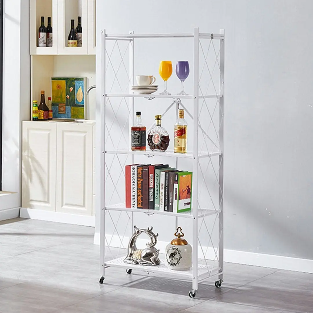 Soga 5 Tier Steel White Foldable Kitchen Cart Multi-Functional Shelves Storage Organizer with Wheels