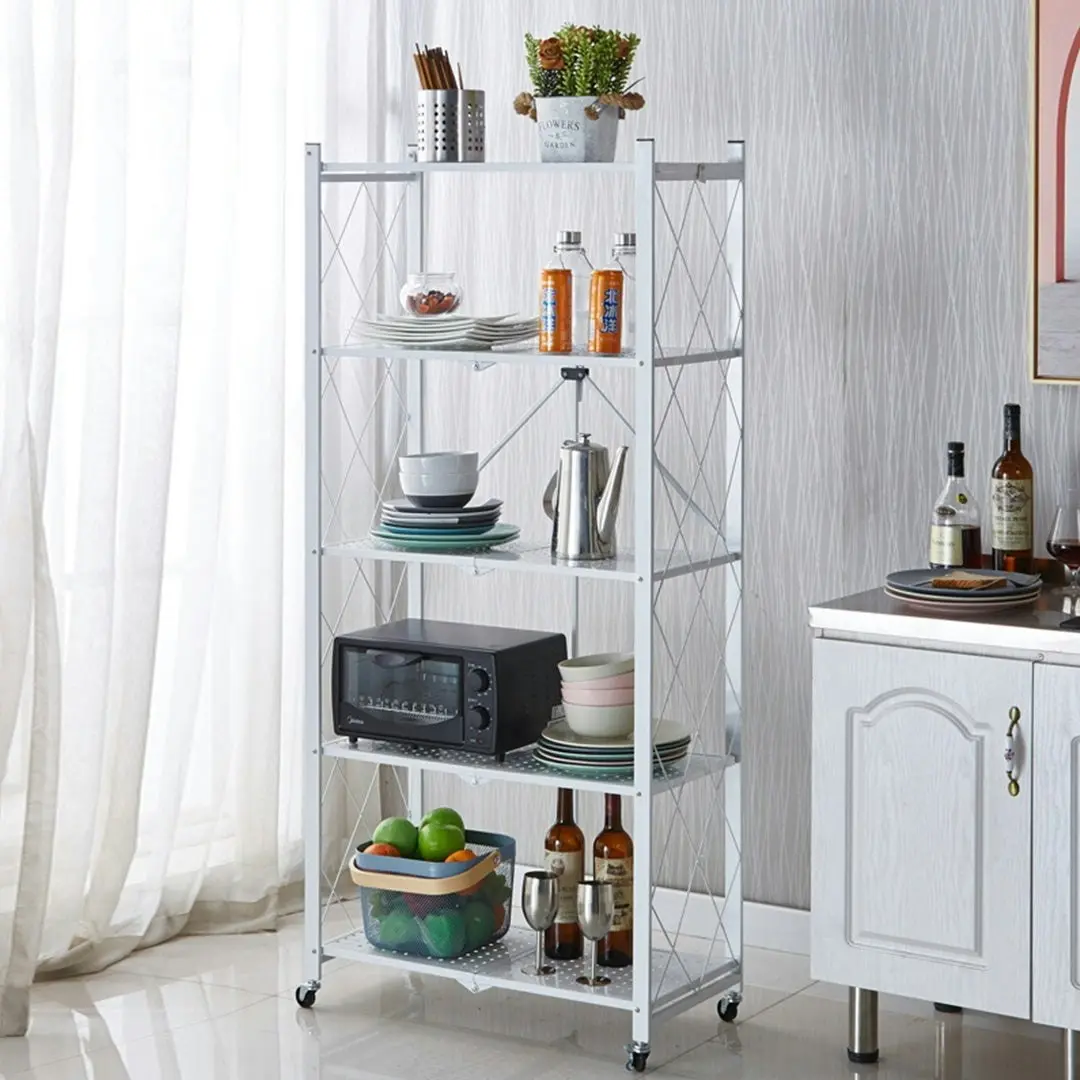 Soga 5 Tier Steel White Foldable Kitchen Cart Multi-Functional Shelves Storage Organizer with Wheels