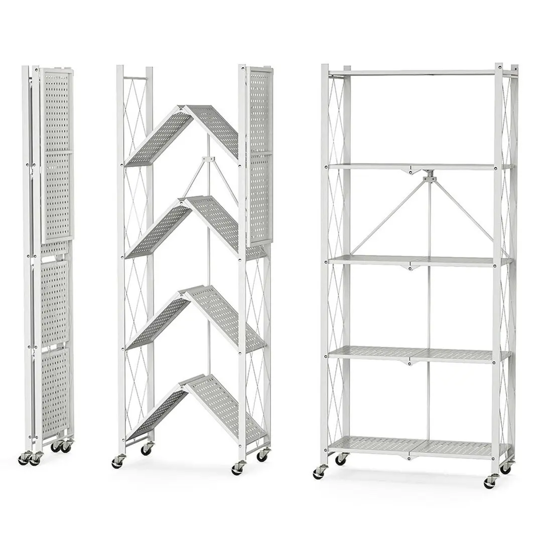 Soga 5 Tier Steel White Foldable Kitchen Cart Multi-Functional Shelves Storage Organizer with Wheels