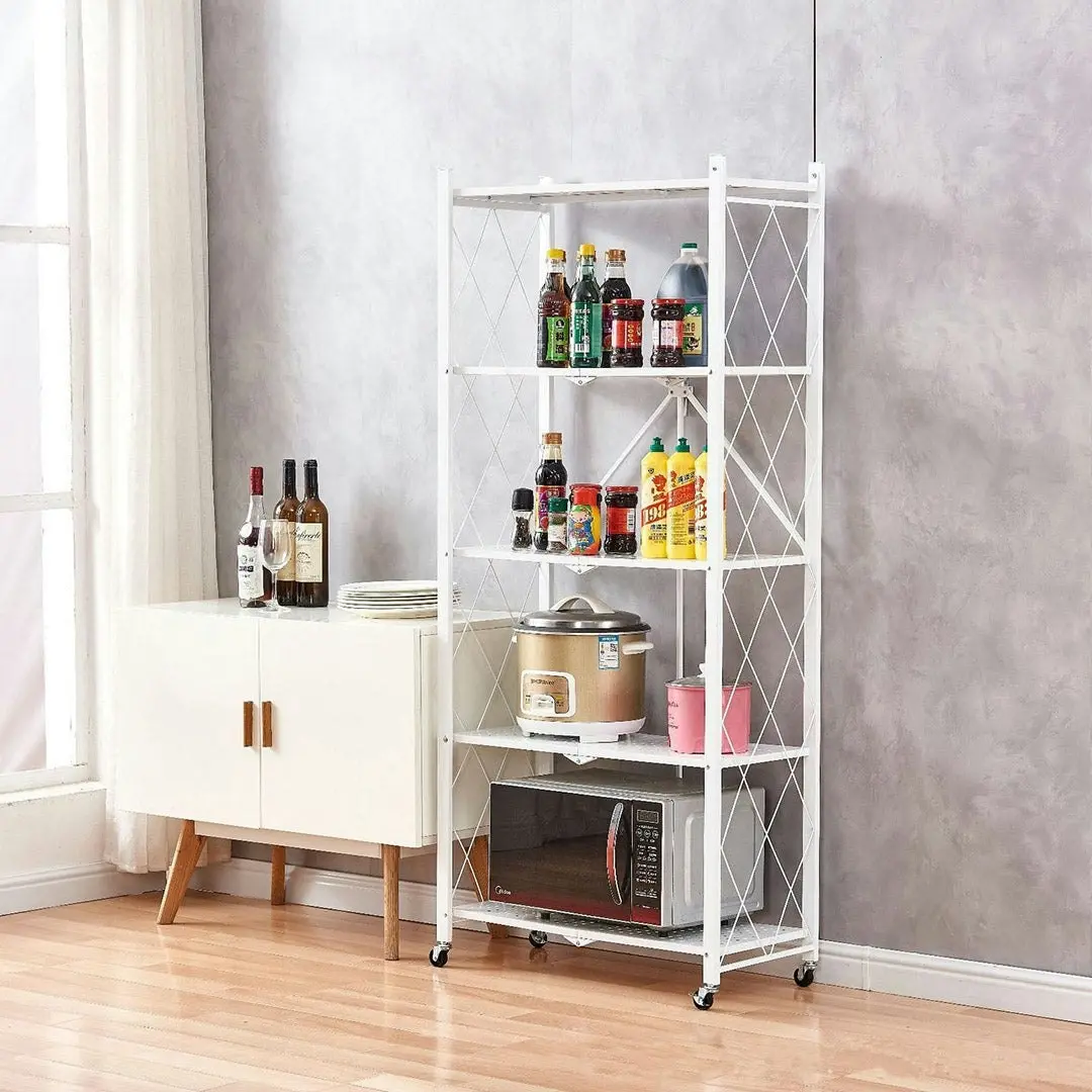 Soga 5 Tier Steel White Foldable Kitchen Cart Multi-Functional Shelves Storage Organizer with Wheels