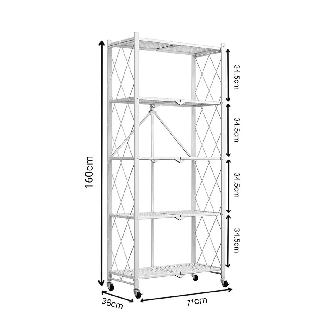 Soga 5 Tier Steel White Foldable Kitchen Cart Multi-Functional Shelves Storage Organizer with Wheels