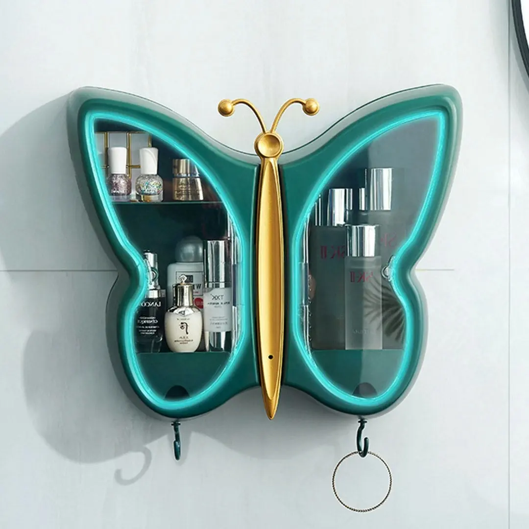 Soga Green Butterfly Shape Wall-Mounted Makeup Organiser Dustproof Waterproof Bathroom Storage Box Home Decor