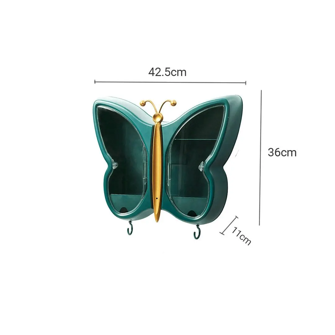 Soga Green Butterfly Shape Wall-Mounted Makeup Organiser Dustproof Waterproof Bathroom Storage Box Home Decor