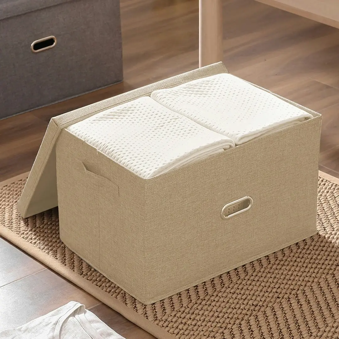 Soga Beige Medium Foldable Canvas Storage Box Cube Clothes Basket Organiser Home Decorative Box