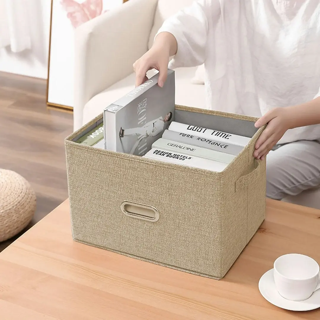 Soga Beige Medium Foldable Canvas Storage Box Cube Clothes Basket Organiser Home Decorative Box