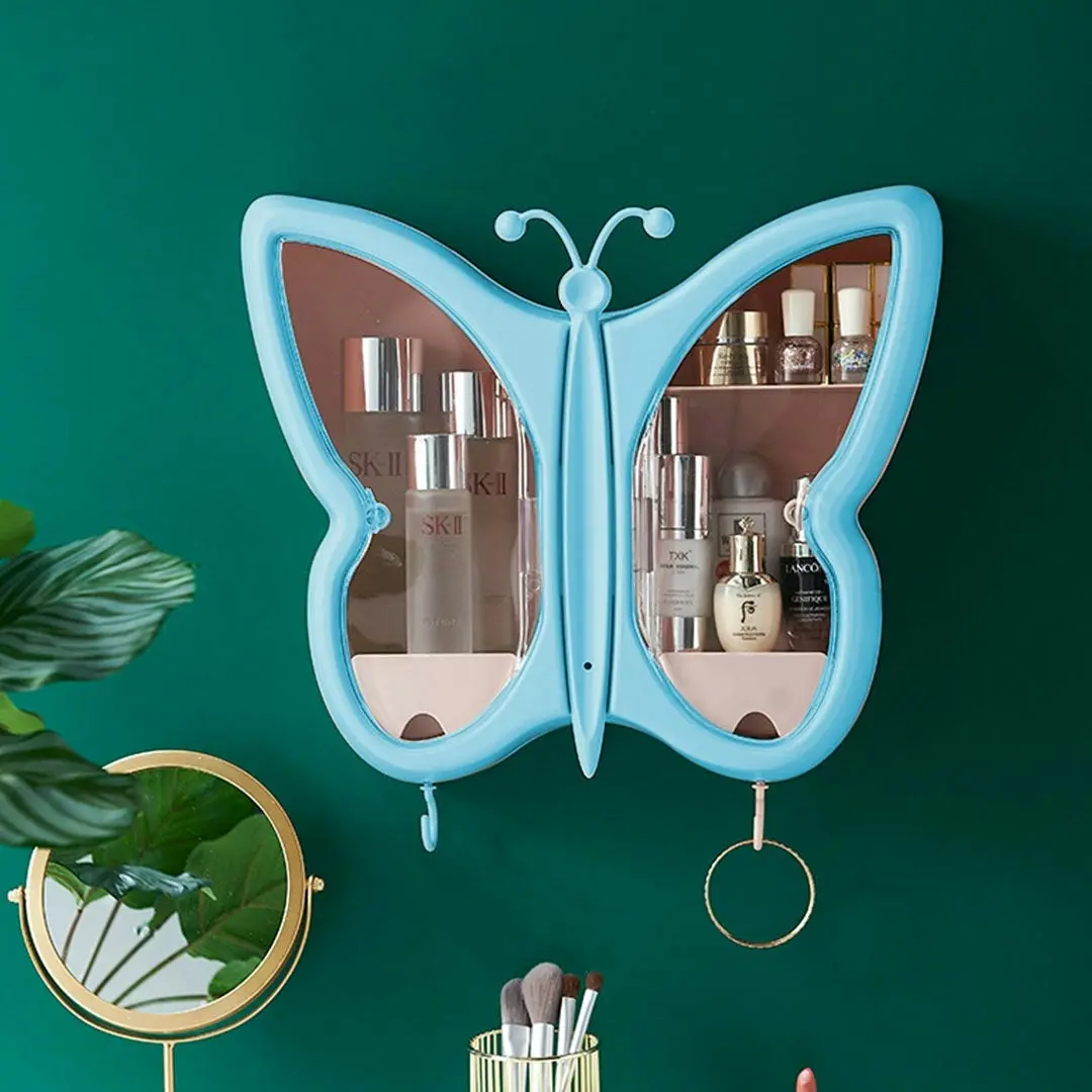 Soga Blue Butterfly Shape Wall-Mounted Makeup Organiser Dustproof Waterproof Bathroom Storage Box Home Decor