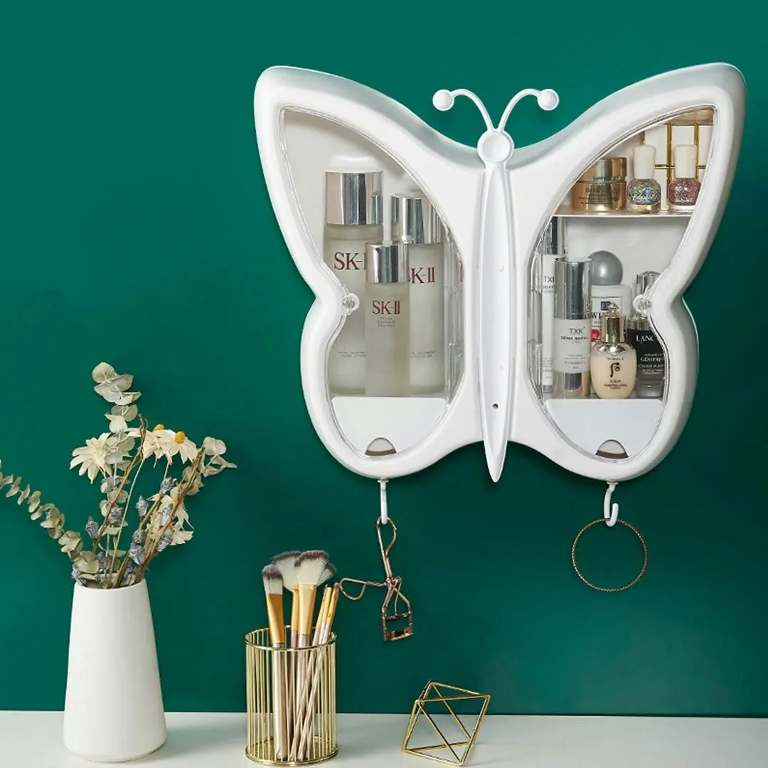 Soga White Butterfly Shape Wall-Mounted Makeup Organiser Dustproof Waterproof Bathroom Storage Box Home Decor