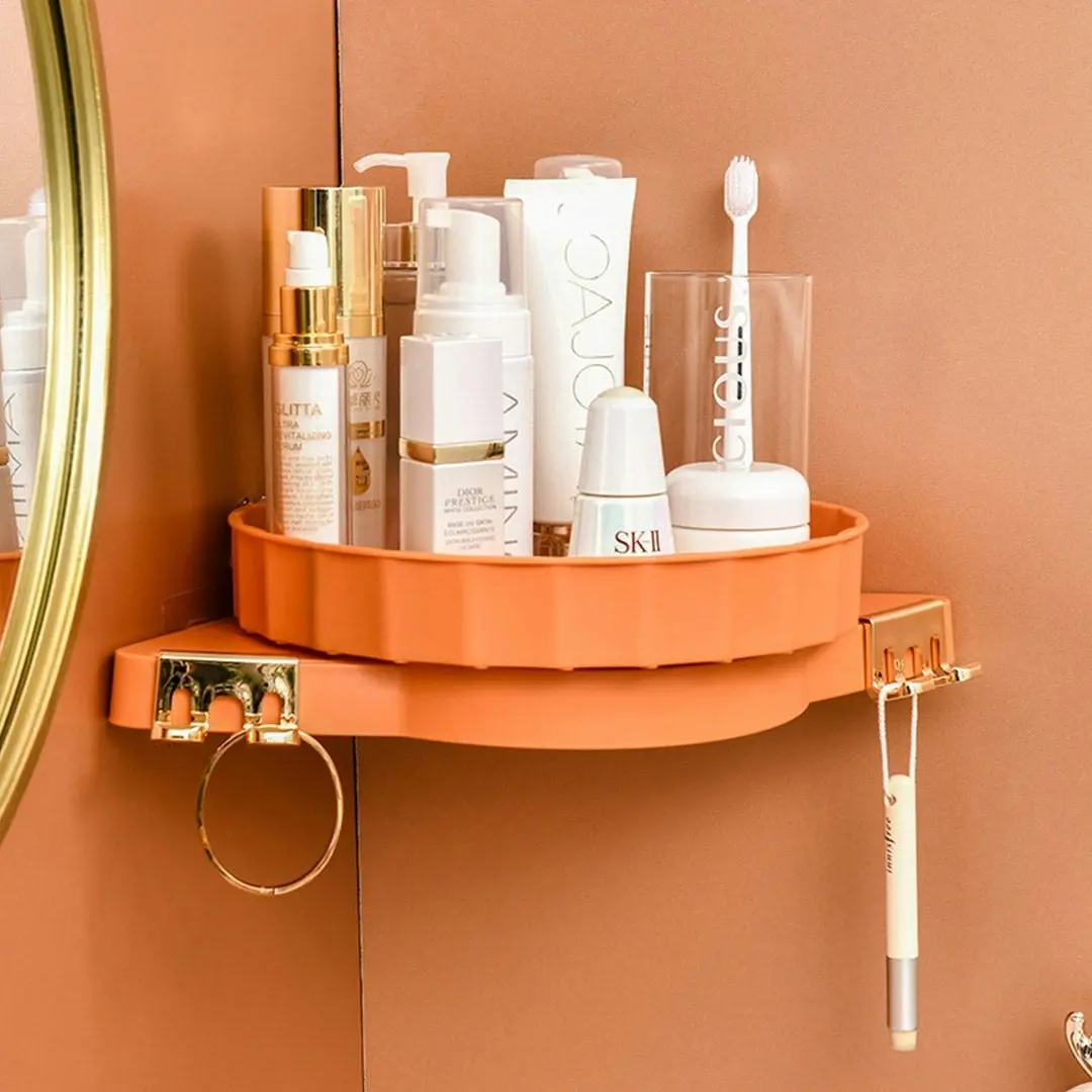 Soga Orange 360 Degree Wall-Mounted Rotating Bathroom Organiser Corner Vanity Rack Toilet Adhesive Storage Shelf