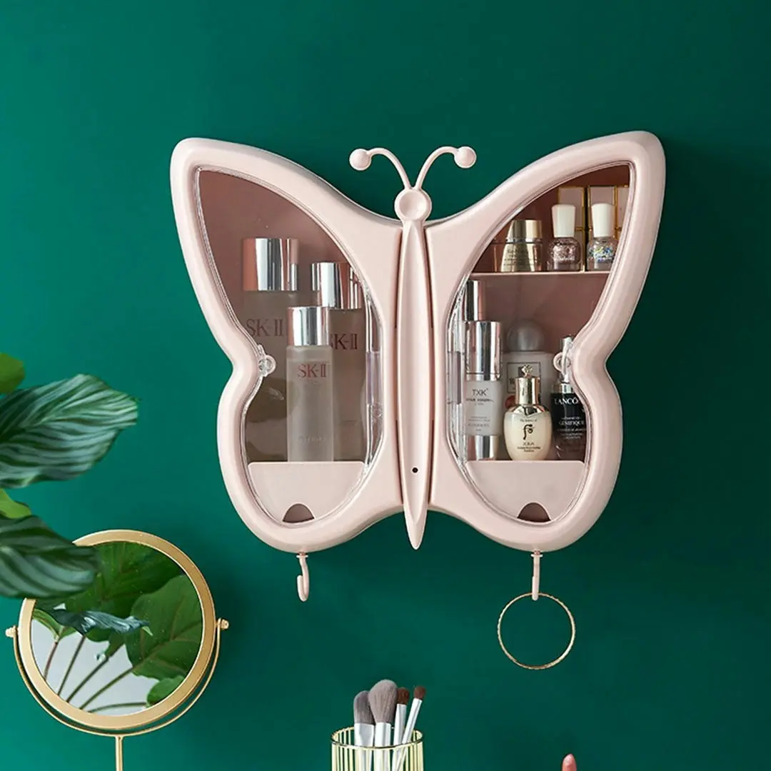 Soga Pink Butterfly Shape Wall-Mounted Makeup Organiser Dustproof Waterproof Bathroom Storage Box Home Decor